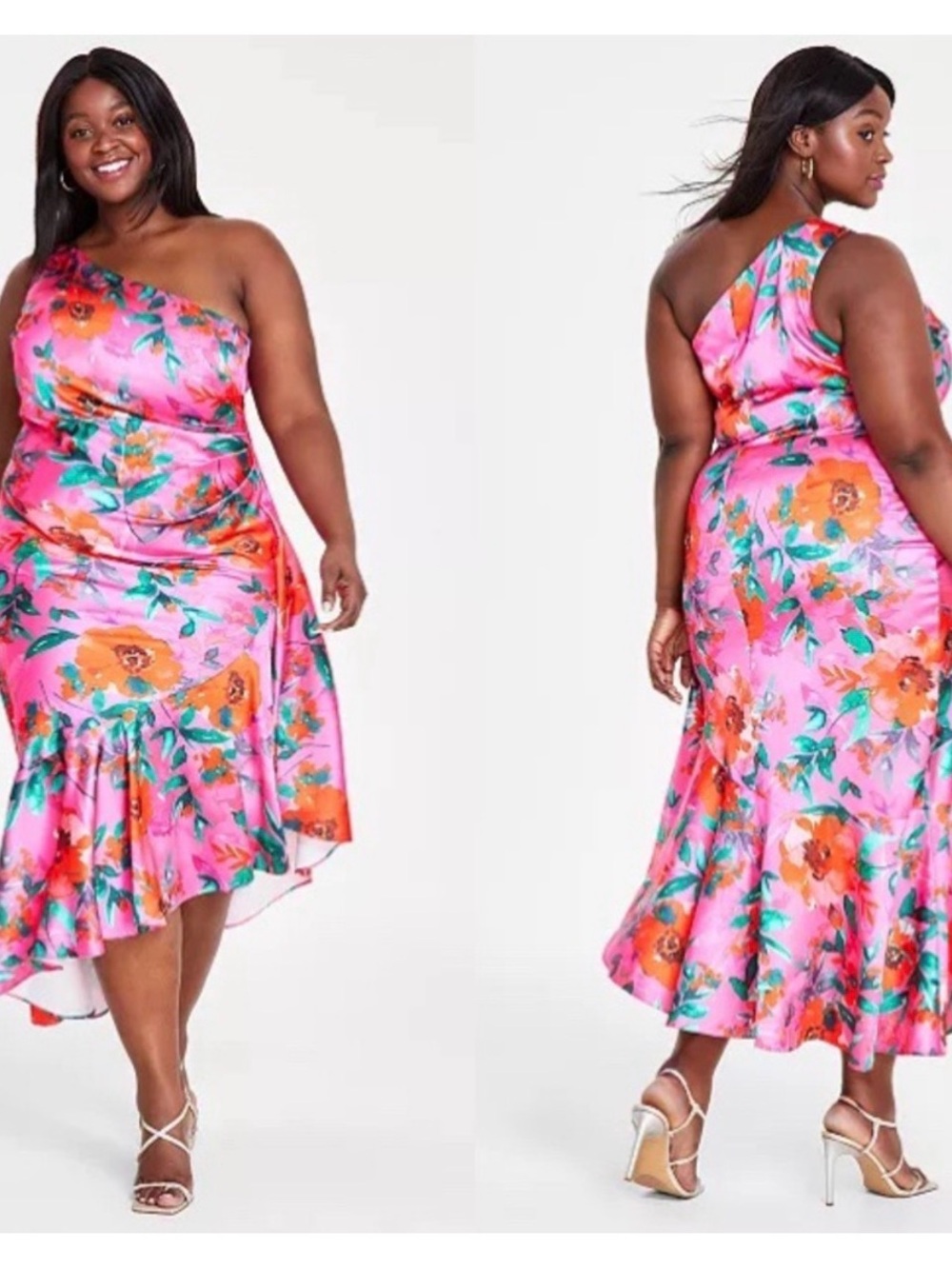 One-Shoulder Pink Floral Satin Dress